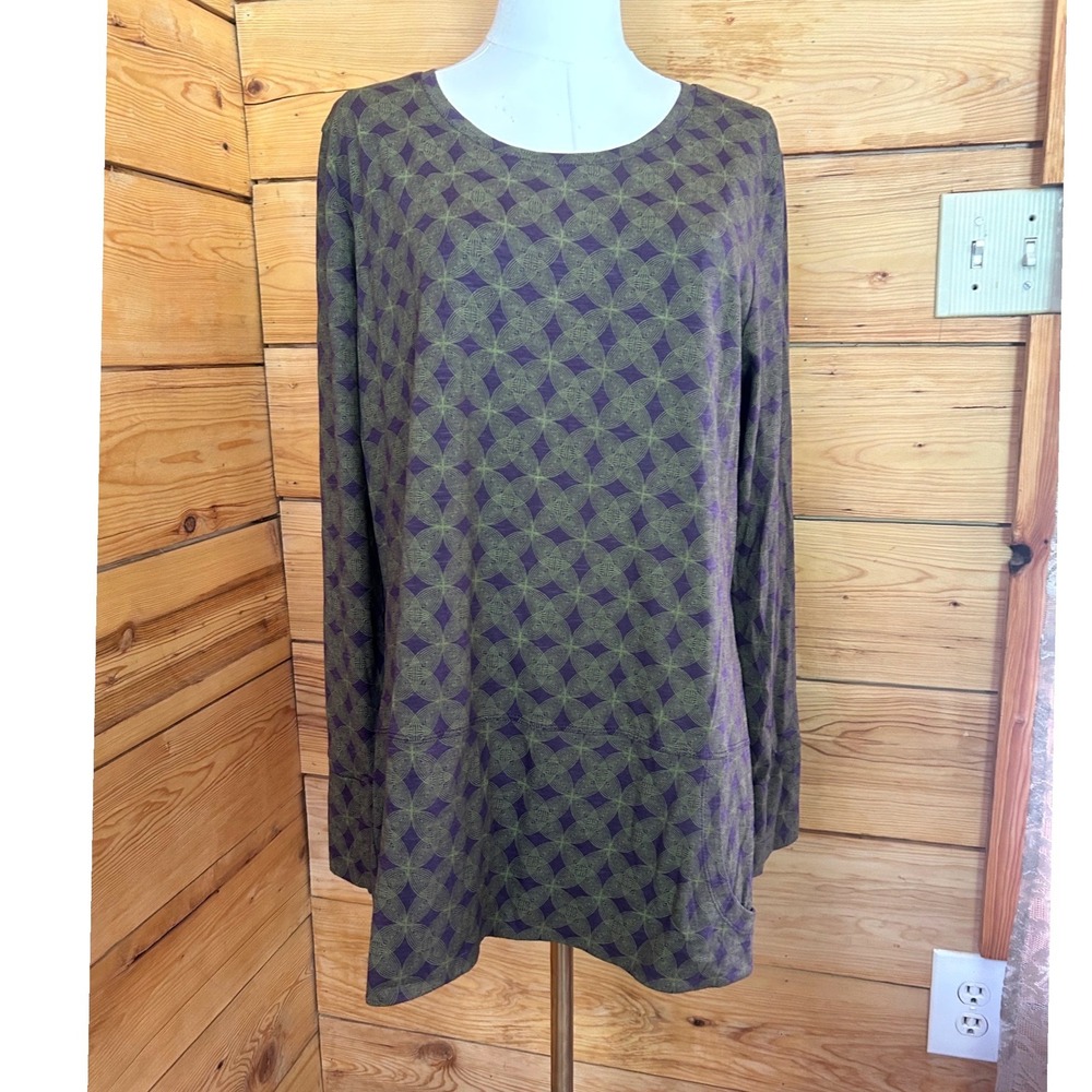 Vintage Organic Cotton Tunic Dress Women Large Purple Green Horny Toad